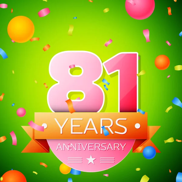 Gerçekçi seksen bir yıl yıldönümü kutlama tasarım. Pembe numaraları ve altın şerit, yeşil zemin üzerine konfeti. Doğum günü partin için renkli vektör şablon öğeleri
