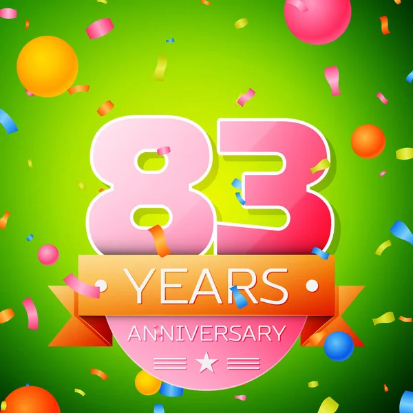 Realistische tachtig drie jaar verjaardag viering Design. Roze cijfers en/of gouden lint, confetti op groene achtergrond. Kleurrijke vectorelementen sjabloon voor uw verjaardagspartij — Stockvector