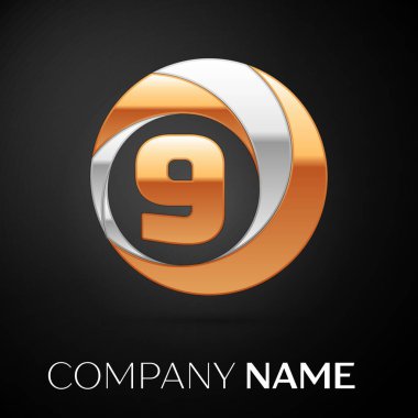 Dokuz logo sembol siyah zemin üzerine altın-gümüş renkli daire içinde numara. Tasarımınız için vektör şablonu