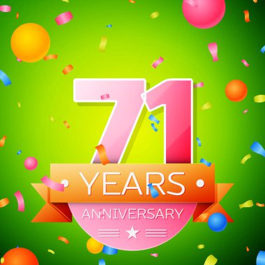 Gerçekçi yetmiş bir yıl yıldönümü kutlama tasarım. Pembe numaraları ve altın şerit, yeşil zemin üzerine konfeti. Doğum günü partin için renkli vektör şablon öğeleri