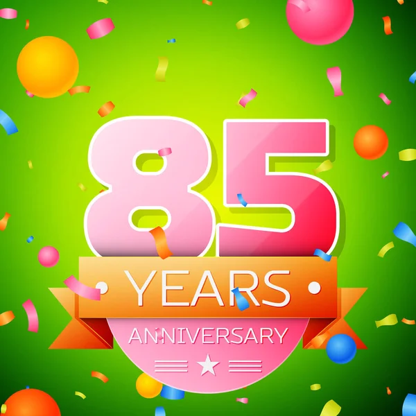 Gerçekçi seksen beş yıl yıldönümü kutlama tasarım. Pembe numaraları ve altın şerit, yeşil zemin üzerine konfeti. Doğum günü partin için renkli vektör şablon öğeleri
