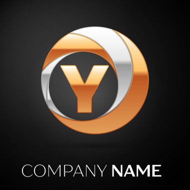 Y harfi logo sembol siyah zemin üzerine altın-gümüş renkli daire içinde. Tasarımınız için vektör şablonu