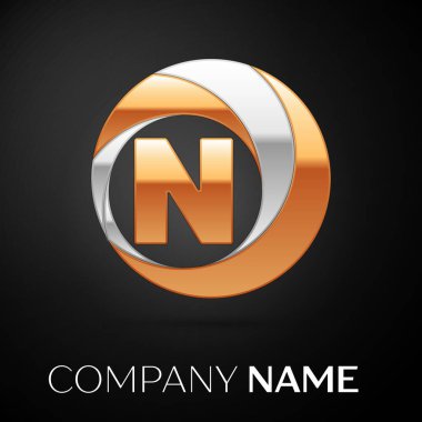 N harfi logo sembol siyah zemin üzerine altın-gümüş renkli daire içinde. Tasarımınız için vektör şablonu