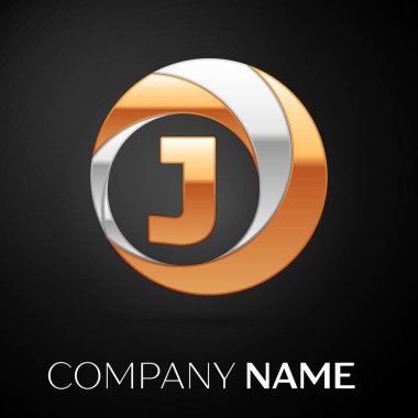 J harfi logo sembol siyah zemin üzerine altın-gümüş renkli daire içinde. Tasarımınız için vektör şablonu