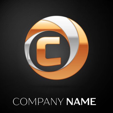 C harfi logo sembol siyah zemin üzerine altın-gümüş renkli daire içinde. Tasarımınız için vektör şablonu