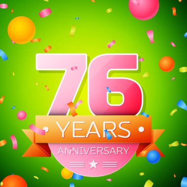 Gerçekçi yetmiş altı yıl yıldönümü kutlama tasarım. Pembe numaraları ve altın şerit, yeşil zemin üzerine konfeti. Doğum günü partin için renkli vektör şablon öğeleri