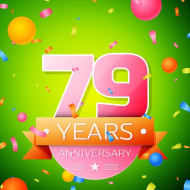 Gerçekçi yetmiş dokuz yıl yıldönümü kutlama tasarım. Pembe numaraları ve altın şerit, yeşil zemin üzerine konfeti. Doğum günü partin için renkli vektör şablon öğeleri