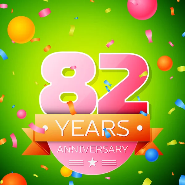 Realistische tachtig twee jaar verjaardag viering Design. Roze cijfers en/of gouden lint, confetti op groene achtergrond. Kleurrijke vectorelementen sjabloon voor uw verjaardagspartij — Stockvector