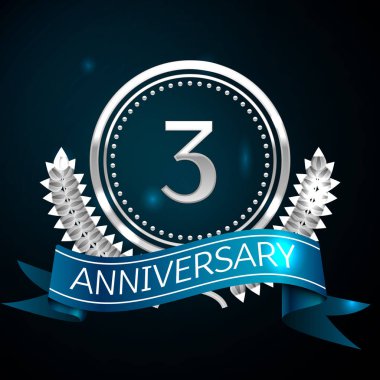 Gerçekçi üç yıl yıldönümü kutlama tasarım gümüş halkalı ve Laurel Wreath, mavi şerit mavi arka plan üzerinde. Renkli vektör şablon öğeleri Doğum günü kutlamak için parti