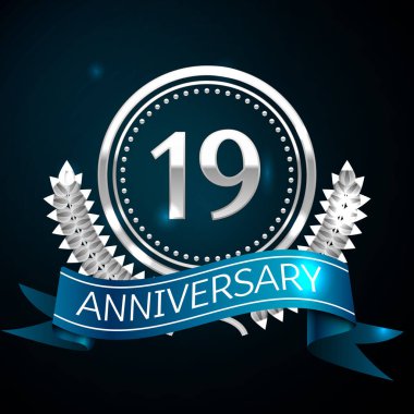 Gerçekçi on dokuz yıl yıldönümü kutlama tasarım gümüş halkalı ve Laurel Wreath, mavi şerit mavi arka plan üzerinde. Renkli vektör şablon öğeleri Doğum günü kutlamak için parti