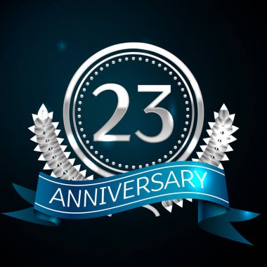 Gerçekçi yirmi üç yıl yıldönümü kutlama tasarım gümüş halkalı ve Laurel Wreath, mavi şerit mavi arka plan üzerinde. Renkli vektör şablon öğeleri Doğum günü kutlamak için parti