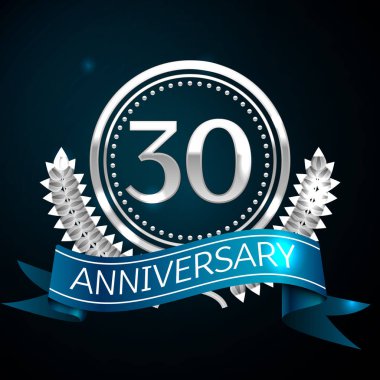 Gerçekçi otuz yıl yıldönümü kutlama tasarım gümüş halkalı ve Laurel Wreath, mavi şerit mavi arka plan üzerinde. Renkli vektör şablon öğeleri Doğum günü kutlamak için parti