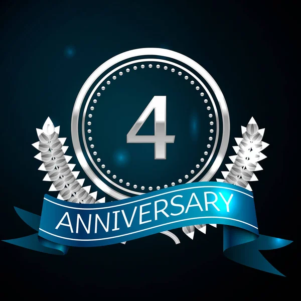 Reális négy éves évforduló ünneplés Design ezüst gyűrű és Laurel Wreath, kék szalag kék háttér. Színes vektor sablon elemeit a születésnapját ünneplő fél — Stock Vector