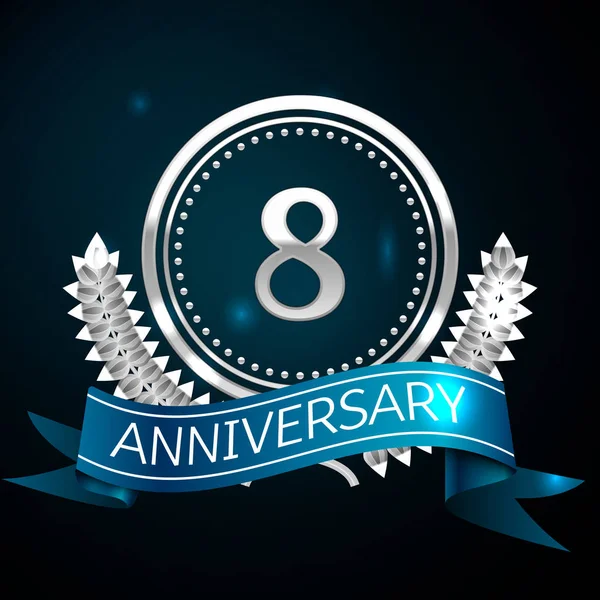Realistisches Acht-Jahres-Jubiläumsdesign mit Silberring und Lorbeerkranz, blaues Band auf blauem Hintergrund. Bunte Vektorvorlagen-Elemente für Ihre Geburtstagsfeier — Stockvektor