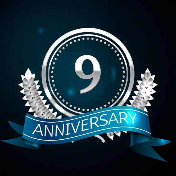 Gerçekçi dokuz yıl yıldönümü kutlama tasarımı ile gümüş yüzük ve Laurel Wreath, mavi şerit mavi arka plan üzerinde. Renkli vektör şablon öğeleri Doğum günü kutlamak için parti