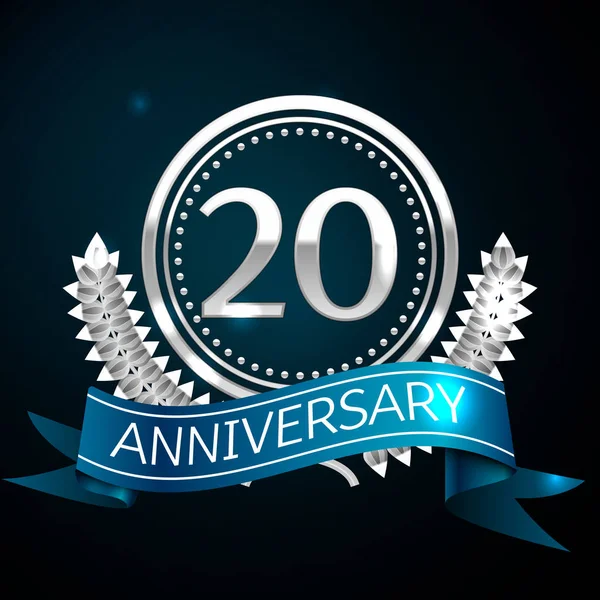 Gerçekçi yirmi yıl yıldönümü kutlama tasarım gümüş halkalı ve Laurel Wreath, mavi şerit mavi arka plan üzerinde. Renkli vektör şablon öğeleri Doğum günü kutlamak için parti