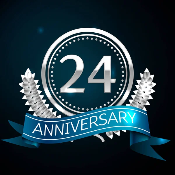 Gerçekçi yirmi dört yıl yıldönümü kutlama tasarımı ile gümüş yüzük ve Laurel Wreath, mavi şerit mavi arka plan üzerinde. Renkli vektör şablon öğeleri Doğum günü kutlamak için parti