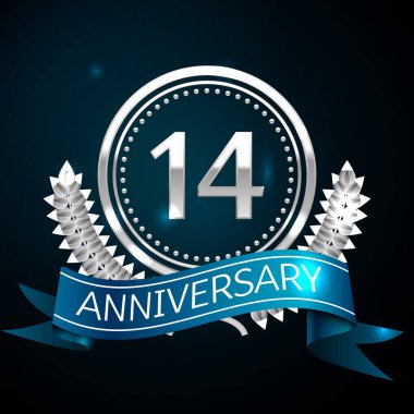 Gerçekçi on dört yıl yıldönümü kutlama tasarım gümüş halkalı ve Laurel Wreath, mavi şerit mavi arka plan üzerinde. Renkli vektör şablon öğeleri Doğum günü kutlamak için parti