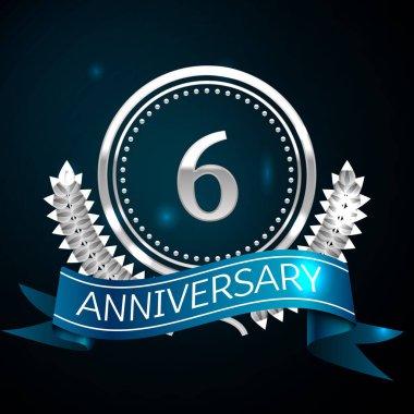 Gerçekçi altı yıl yıldönümü kutlama tasarım gümüş halkalı ve Laurel Wreath, mavi şerit mavi arka plan üzerinde. Renkli vektör şablon öğeleri Doğum günü kutlamak için parti