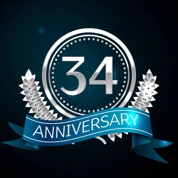 Gerçekçi otuz dört yıl yıldönümü kutlama tasarımı ile gümüş yüzük ve Laurel Wreath, mavi şerit mavi arka plan üzerinde. Renkli vektör şablon öğeleri Doğum günü kutlamak için parti