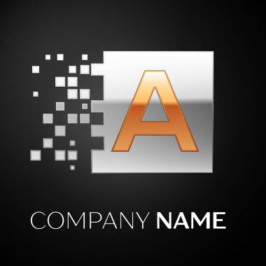Harf A logo sembol siyah arka plan üzerine parçalanmış bloklarla altın-gümüş renkli meydanında. Tasarımınız için vektör şablonu