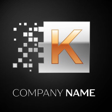 K harfi logo sembol siyah arka plan üzerine parçalanmış bloklarla altın-gümüş renkli meydanında. Tasarımınız için vektör şablonu