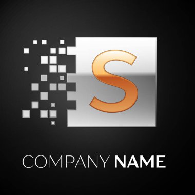 S harfi logo sembol siyah arka plan üzerine parçalanmış bloklarla altın-gümüş renkli meydanında. Tasarımınız için vektör şablonu