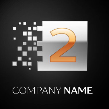 Numara iki logo sembol siyah arka plan üzerine parçalanmış bloklarla altın-gümüş renkli meydanında. Tasarımınız için vektör şablonu