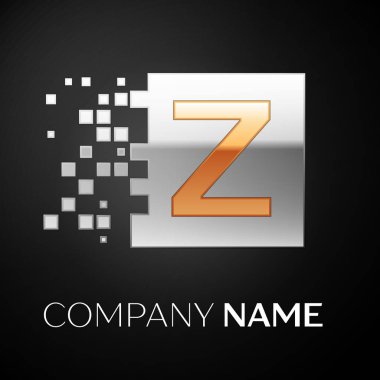 Z harfi logo sembol siyah arka plan üzerine parçalanmış bloklarla altın-gümüş renkli meydanında. Tasarımınız için vektör şablonu
