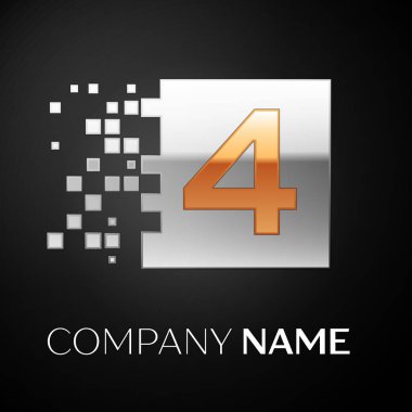 Altın-gümüş renkli kare siyah arka plan üzerine parçalanmış bloklarla sayı dört logo simge. Tasarımınız için vektör şablonu