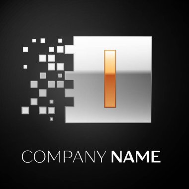 Harf ı logo sembol siyah arka plan üzerine parçalanmış bloklarla altın-gümüş renkli meydanında. Tasarımınız için vektör şablonu