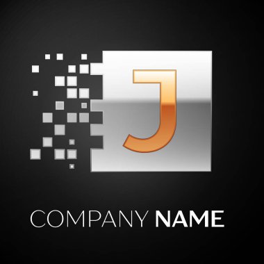 J harfi logo sembol siyah arka plan üzerine parçalanmış bloklarla altın-gümüş renkli meydanında. Tasarımınız için vektör şablonu