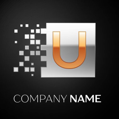 U harfi logo sembol siyah arka plan üzerine parçalanmış bloklarla altın-gümüş renkli meydanında. Tasarımınız için vektör şablonu