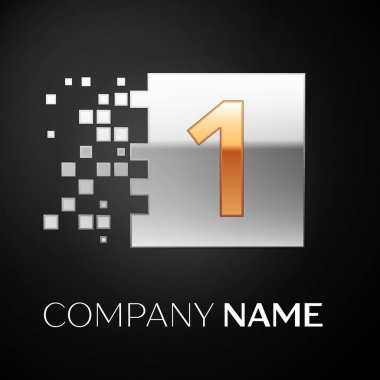 Altın-gümüş renkli kare siyah arka plan üzerine parçalanmış bloklarla numaralı logo simge. Tasarımınız için vektör şablonu