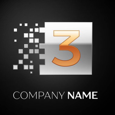Numara üç logo sembol siyah arka plan üzerine parçalanmış bloklarla altın-gümüş renkli meydanında. Tasarımınız için vektör şablonu