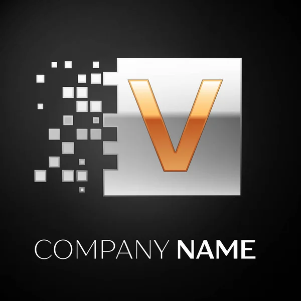 Lettera V simbolo del logo nella piazza color oro-argento con blocchi frantumati su sfondo nero. Modello vettoriale per il tuo design — Vettoriale Stock