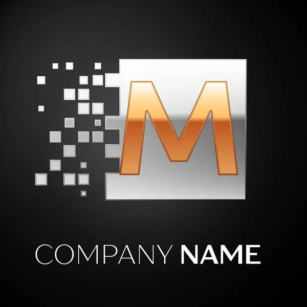 Letter M logo symbol in the golden-silver colorful square with shattered blocks on black background. Vector template for your design — Stock Vector