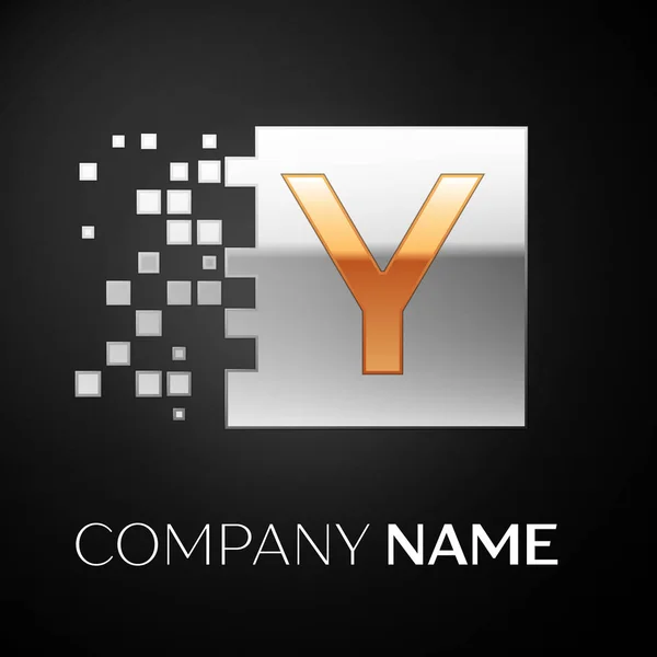 Letter Y logo symbol in the golden-silver colorful square with shattered blocks on black background. Vector template for your design — Stock Vector