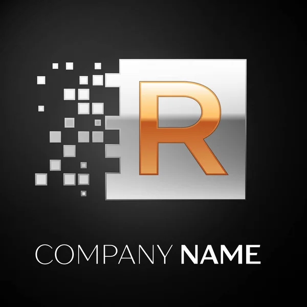 Letter R logo symbol in the golden-silver colorful square with shattered blocks on black background. Vector template for your design — Stock Vector