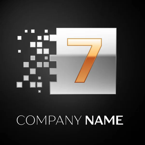Number Seven logo symbol in the golden-silver colorful square with shattered blocks on black background. Vector template for your design — Stock Vector