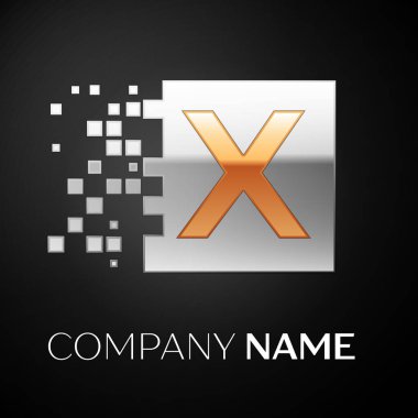 Mektup X logo sembol siyah arka plan üzerine parçalanmış bloklarla altın-gümüş renkli meydanında. Tasarımınız için vektör şablonu