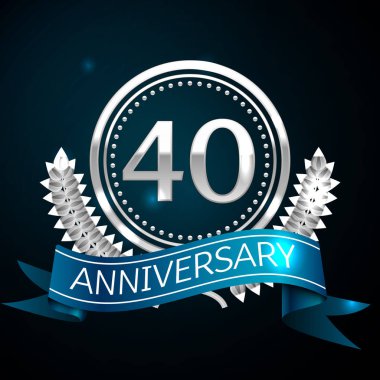 Gerçekçi kırk yıl yıldönümü kutlama tasarım gümüş halkalı ve Laurel Wreath, mavi şerit mavi arka plan üzerinde. Renkli vektör şablon öğeleri Doğum günü kutlamak için parti