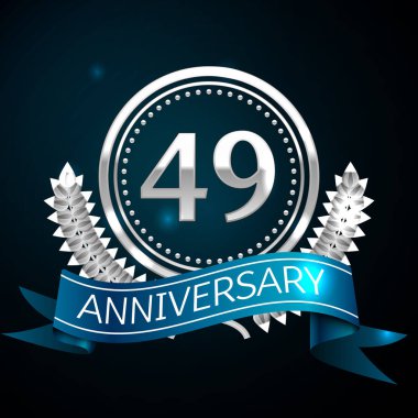 Gerçekçi kırk dokuz yıl yıldönümü kutlama tasarımı ile gümüş yüzük ve Laurel Wreath, mavi şerit mavi arka plan üzerinde. Renkli vektör şablon öğeleri Doğum günü kutlamak için parti