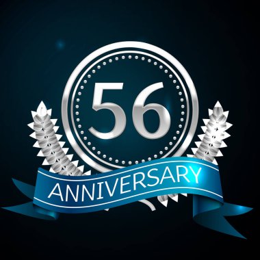 Gerçekçi elli altı yıl yıldönümü kutlama tasarımı ile gümüş yüzük ve Laurel Wreath, mavi şerit mavi arka plan üzerinde. Renkli vektör şablon öğeleri Doğum günü kutlamak için parti