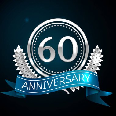 Gerçekçi altmış yıl yıldönümü kutlama tasarım gümüş halkalı ve Laurel Wreath, mavi şerit mavi arka plan üzerinde. Renkli vektör şablon öğeleri Doğum günü kutlamak için parti