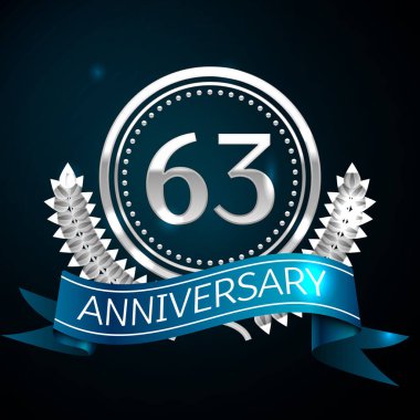 Gerçekçi altmış üç yıl yıldönümü kutlama tasarım gümüş halkalı ve Laurel Wreath, mavi şerit mavi arka plan üzerinde. Renkli vektör şablon öğeleri Doğum günü kutlamak için parti