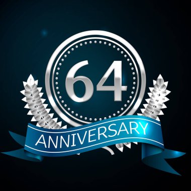 Gerçekçi altmış dört yıl yıldönümü kutlama tasarımı ile gümüş yüzük ve Laurel Wreath, mavi şerit mavi arka plan üzerinde. Renkli vektör şablon öğeleri Doğum günü kutlamak için parti