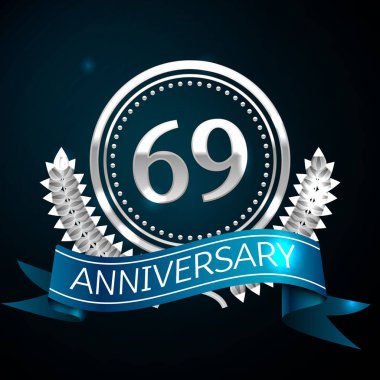 Gerçekçi altmış dokuz yıl yıldönümü kutlama tasarımı ile gümüş yüzük ve Laurel Wreath, mavi şerit mavi arka plan üzerinde. Renkli vektör şablon öğeleri Doğum günü kutlamak için parti