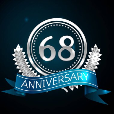 Gerçekçi altmış sekiz yıl yıldönümü kutlama tasarımı ile gümüş yüzük ve Laurel Wreath, mavi şerit mavi arka plan üzerinde. Renkli vektör şablon öğeleri Doğum günü kutlamak için parti