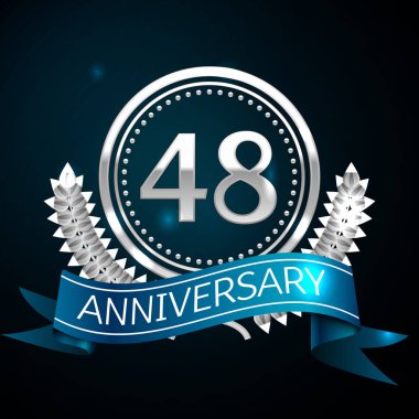 Gerçekçi kırk sekiz yıl yıldönümü kutlama tasarımı ile gümüş yüzük ve Laurel Wreath, mavi şerit mavi arka plan üzerinde. Renkli vektör şablon öğeleri Doğum günü kutlamak için parti